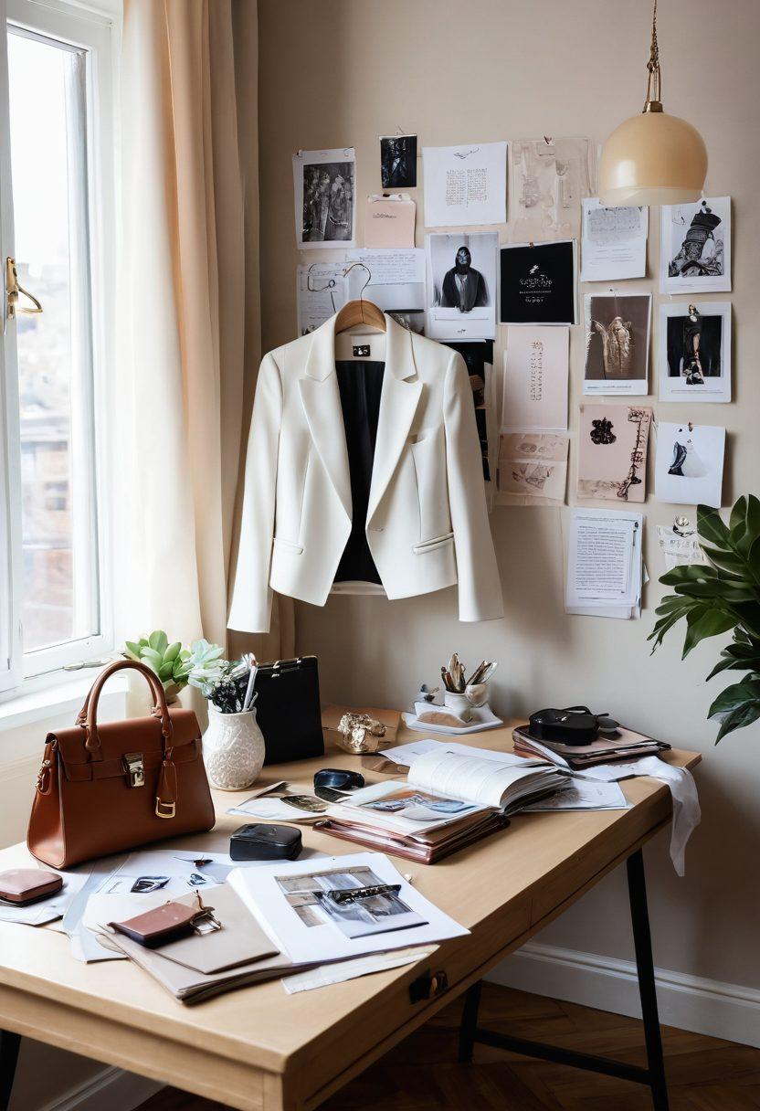 An elegant workspace showcasing a stylish handbag on a vintage desk, surrounded by a digital diary open to a page filled with fashion sketches. Soft natural light streams in through a window, illuminating a mood board with fabric swatches and trendy accessories. The background features a chic wardrobe filled with fashionable outfits. The overall vibe is sophisticated and trendy, reflecting the fusion of blogging and fashion. super-realistic. vibrant colors. natural light.
