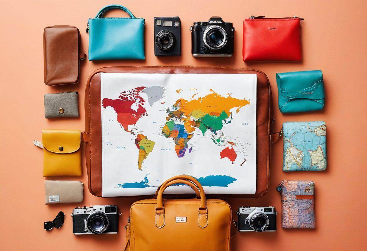 A beautifully styled flat lay featuring an array of colorful and trendy bags, each representing a different journey or adventure. Include travel essentials like a passport, camera, and a world map, with a bright and inviting background. Soft natural lighting enhances the textures and colors of the bags. Allow hints of travel stickers or postcards, suggesting stories behind each item. vibrant colors. super-realistic.