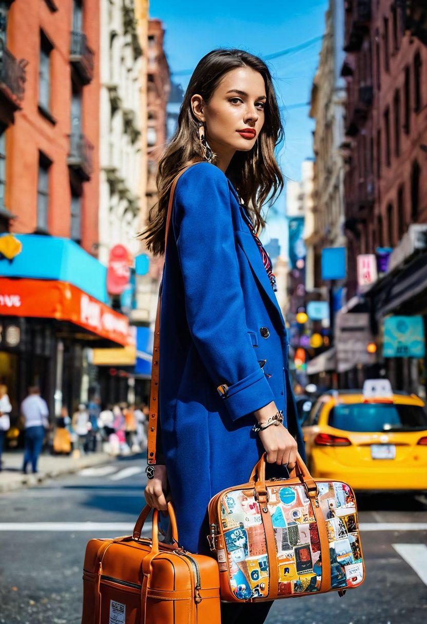 A chic, well-dressed traveler standing at a vibrant cityscape backdrop, holding a stylish travel bag adorned with travel stickers. Colorful street art in the background reflects a fusion of fashion and culture, with a shift in focus to an open laptop displaying a fashion blog. Bright, inviting colors create a lively atmosphere. super-realistic. vibrant colors. urban setting.